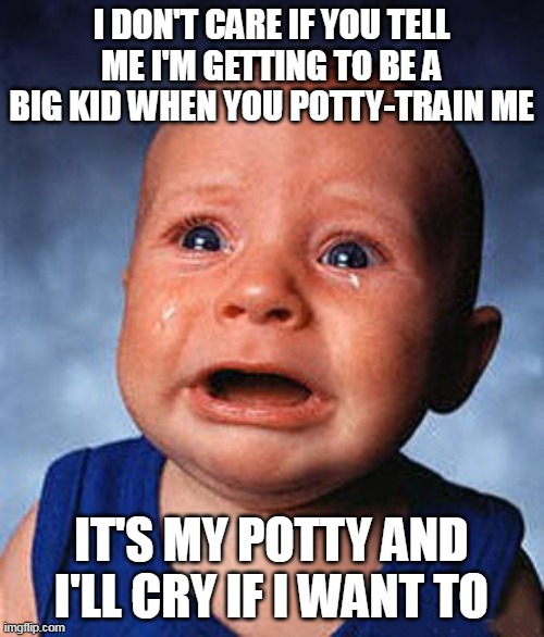 Crying baby  | I DON'T CARE IF YOU TELL ME I'M GETTING TO BE A BIG KID WHEN YOU POTTY-TRAIN ME; IT'S MY POTTY AND I'LL CRY IF I WANT TO | image tagged in crying baby,meme,memes,funny | made w/ Imgflip meme maker