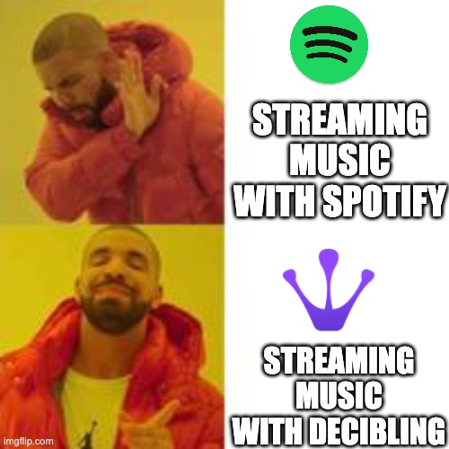 Not that but this | STREAMING MUSIC WITH SPOTIFY; STREAMING MUSIC WITH DECIBLING | image tagged in not that but this,streaming,music,spotify,nft | made w/ Imgflip meme maker
