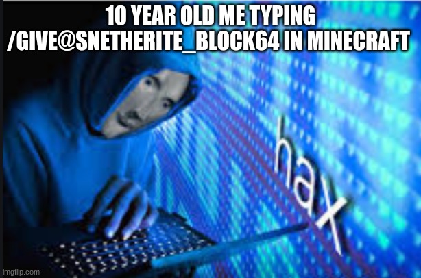 Hax | 10 YEAR OLD ME TYPING /GIVE@SNETHERITE_BLOCK64 IN MINECRAFT | image tagged in hax | made w/ Imgflip meme maker