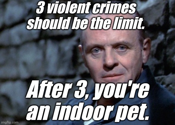 Hannibal says: I'm listening. | 3 violent crimes should be the limit. After 3, you're an indoor pet. | image tagged in hannibal says i'm listening | made w/ Imgflip meme maker