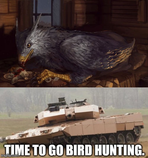 Bird is the word | TIME TO GO BIRD HUNTING. | image tagged in buckbeak,challenger tank | made w/ Imgflip meme maker