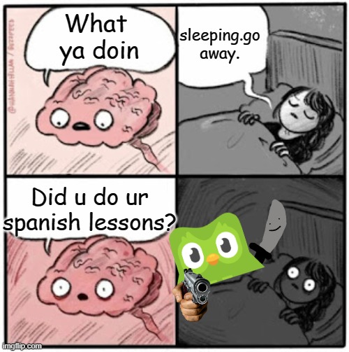 Is this funny? | sleeping.go away. What  ya doin; Did u do ur spanish lessons? | image tagged in memes,brain before sleep,spanish | made w/ Imgflip meme maker