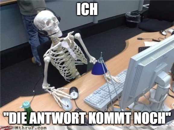 Waiting skeleton | ICH; "DIE ANTWORT KOMMT NOCH" | image tagged in waiting skeleton | made w/ Imgflip meme maker