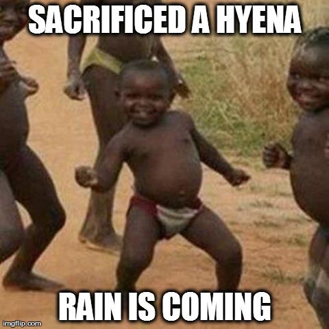 Third World Success Kid Meme | SACRIFICED A HYENA RAIN IS COMING | image tagged in memes,third world success kid | made w/ Imgflip meme maker