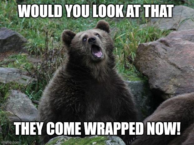 Sarcastic Bear | WOULD YOU LOOK AT THAT THEY COME WRAPPED NOW! | image tagged in sarcastic bear | made w/ Imgflip meme maker