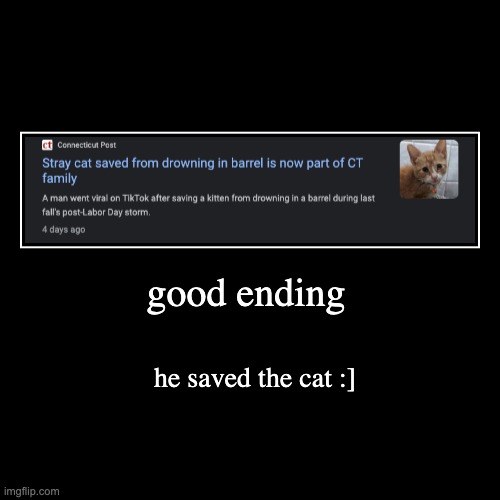 aww | good ending | he saved the cat :] | image tagged in funny,demotivationals | made w/ Imgflip demotivational maker