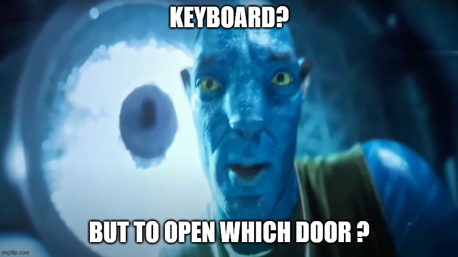 Staring Avatar Guy | KEYBOARD? BUT TO OPEN WHICH DOOR ? | image tagged in staring avatar guy | made w/ Imgflip meme maker