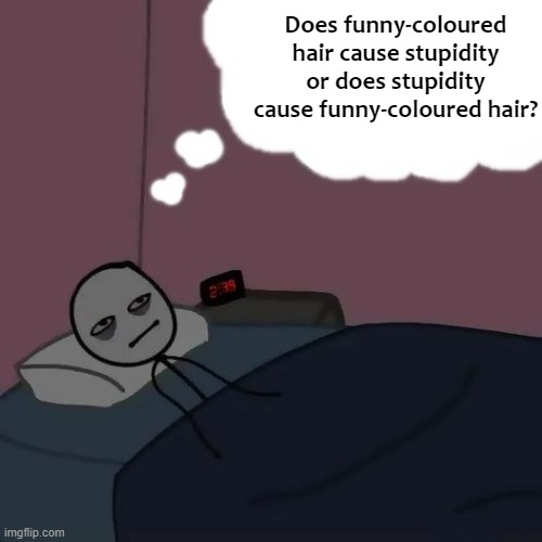 Does funny-coloured hair cause stupidity or does stupidity cause funny-coloured hair? | made w/ Imgflip meme maker