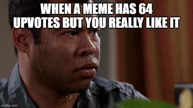 sweating bullets | WHEN A MEME HAS 64 UPVOTES BUT YOU REALLY LIKE IT | image tagged in sweating bullets | made w/ Imgflip meme maker