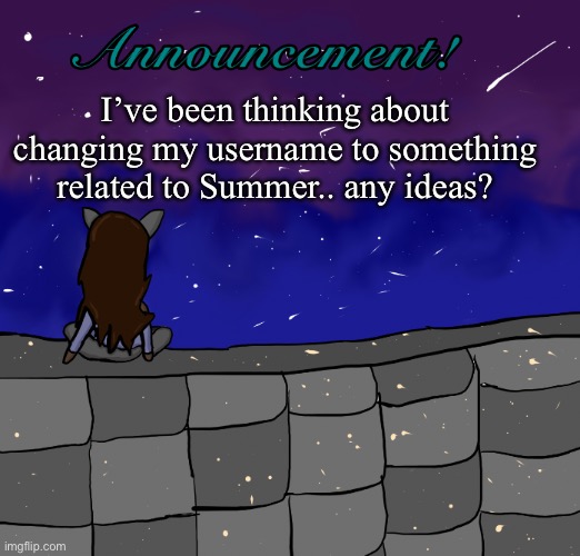 Announcement template | I’ve been thinking about changing my username to something related to Summer.. any ideas? | image tagged in announcement template | made w/ Imgflip meme maker