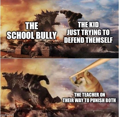 Not how it’s supposed to work | THE KID JUST TRYING TO DEFEND THEMSELF; THE SCHOOL BULLY; THE TEACHER ON THEIR WAY TO PUNISH BOTH | image tagged in kong godzilla doge | made w/ Imgflip meme maker