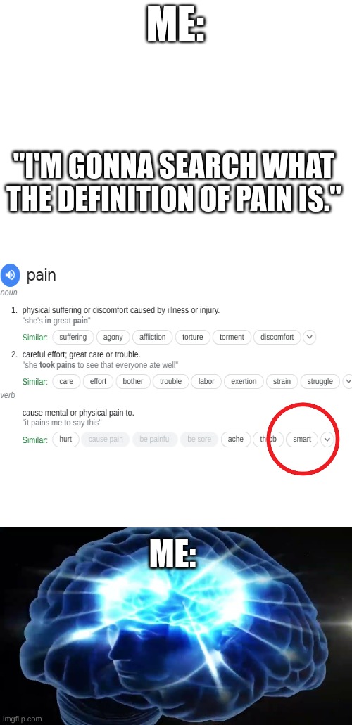 :'( = Big Brain | ME:; "I'M GONNA SEARCH WHAT THE DEFINITION OF PAIN IS."; ME: | image tagged in blank white template,pain,memes | made w/ Imgflip meme maker