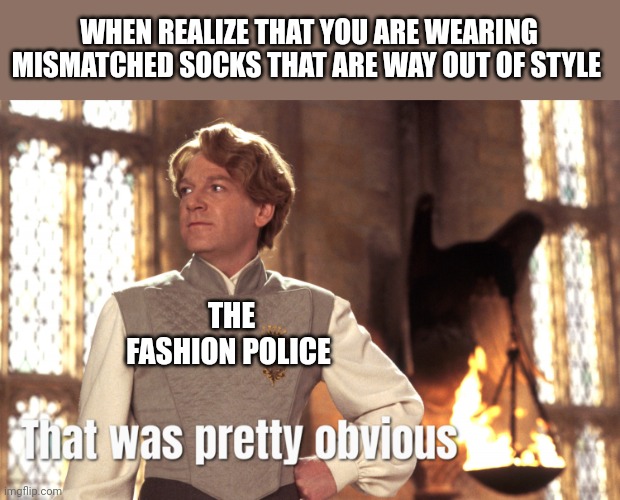 Fashion police, it was pretty obvious | WHEN REALIZE THAT YOU ARE WEARING MISMATCHED SOCKS THAT ARE WAY OUT OF STYLE; THE FASHION POLICE | image tagged in pretty obvious | made w/ Imgflip meme maker