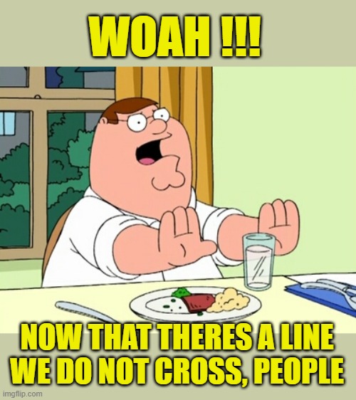 Peter Griffin WOAH | WOAH !!! NOW THAT THERES A LINE WE DO NOT CROSS, PEOPLE | image tagged in peter griffin woah | made w/ Imgflip meme maker