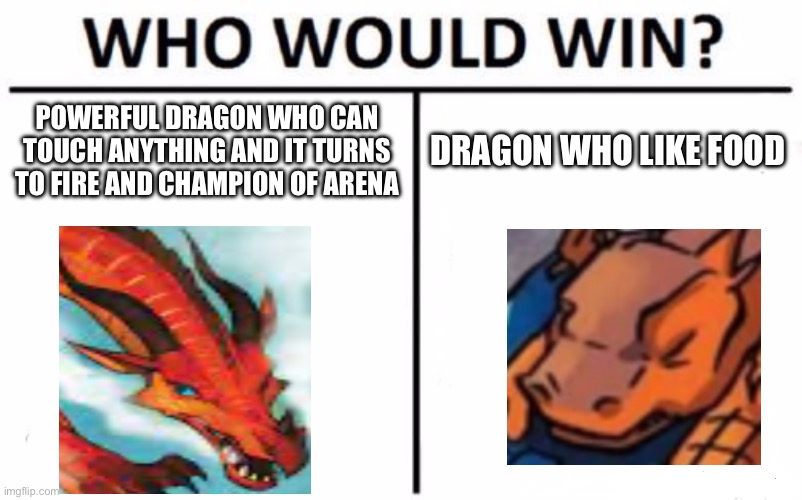 Who Would Win? Meme | POWERFUL DRAGON WHO CAN TOUCH ANYTHING AND IT TURNS TO FIRE AND CHAMPION OF ARENA; DRAGON WHO LIKE FOOD | image tagged in memes,who would win | made w/ Imgflip meme maker