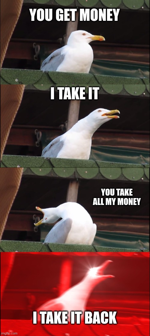 Inhaling Seagull | YOU GET MONEY; I TAKE IT; YOU TAKE ALL MY MONEY; I TAKE IT BACK | image tagged in memes,inhaling seagull | made w/ Imgflip meme maker