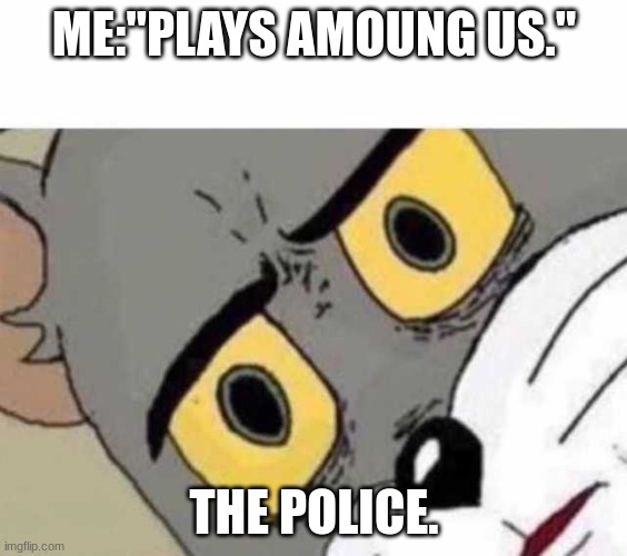 Tom Cat Unsettled Close up | ME:"PLAYS AMOUNG US."; THE POLICE. | image tagged in tom cat unsettled close up | made w/ Imgflip meme maker