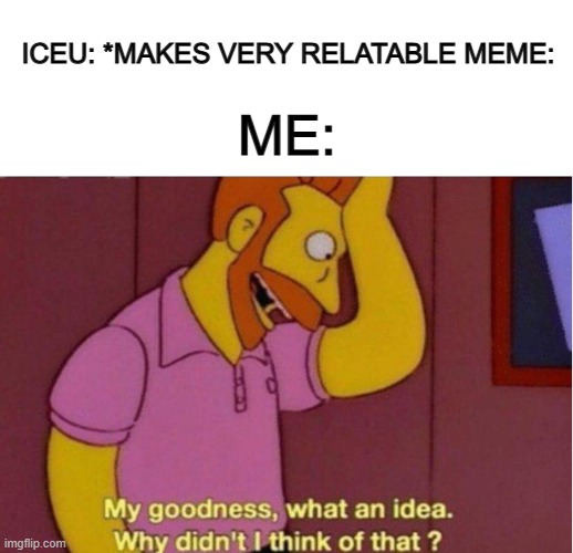 Happens way too often XD | ME:; ICEU: *MAKES VERY RELATABLE MEME: | image tagged in my goodness what an idea why didnt i think of that | made w/ Imgflip meme maker