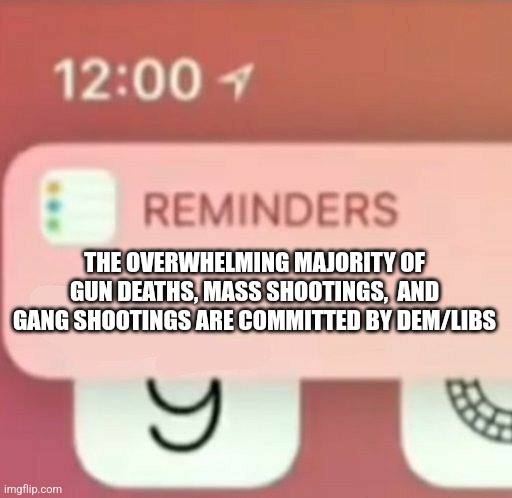 Reminder notification | THE OVERWHELMING MAJORITY OF GUN DEATHS, MASS SHOOTINGS,  AND GANG SHOOTINGS ARE COMMITTED BY DEM/LIBS | image tagged in reminder notification | made w/ Imgflip meme maker