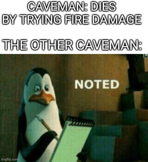 Noted | CAVEMAN: DIES BY TRYING FIRE DAMAGE; THE OTHER CAVEMAN: | image tagged in noted | made w/ Imgflip meme maker