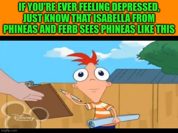 This will cheer you up | IF YOU'RE EVER FEELING DEPRESSED, JUST KNOW THAT ISABELLA FROM PHINEAS AND FERB SEES PHINEAS LIKE THIS | image tagged in phineas and ferb | made w/ Imgflip meme maker