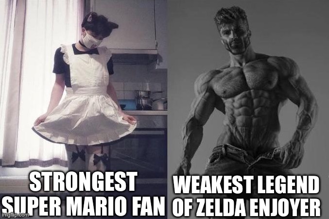 Strongest super Mario fan vs weakest legend of Zelda enjoyer | STRONGEST SUPER MARIO FAN; WEAKEST LEGEND OF ZELDA ENJOYER | image tagged in strongest fan vs weakest fan,super mario,legend of zelda | made w/ Imgflip meme maker