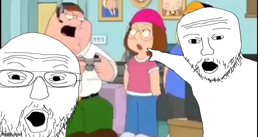 Soyjaks pointing at Peter saying the N word | image tagged in peter griffin,n word,two soyjacks pointing | made w/ Imgflip meme maker