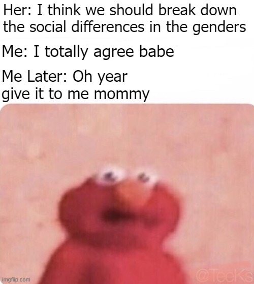 Shook Elmo | Her: I think we should break down the social differences in the genders; Me: I totally agree babe; Me Later: Oh year give it to me mommy | image tagged in shook elmo,funny,difference between men and women,men and women | made w/ Imgflip meme maker