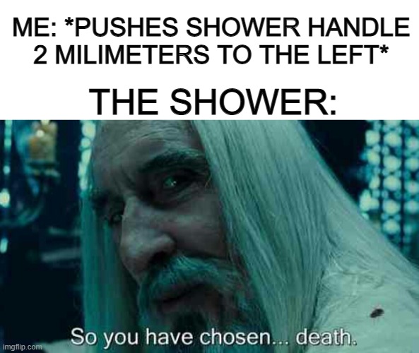 *Burns to death* | ME: *PUSHES SHOWER HANDLE 2 MILIMETERS TO THE LEFT*; THE SHOWER: | image tagged in blank white template,so you have chosen death | made w/ Imgflip meme maker