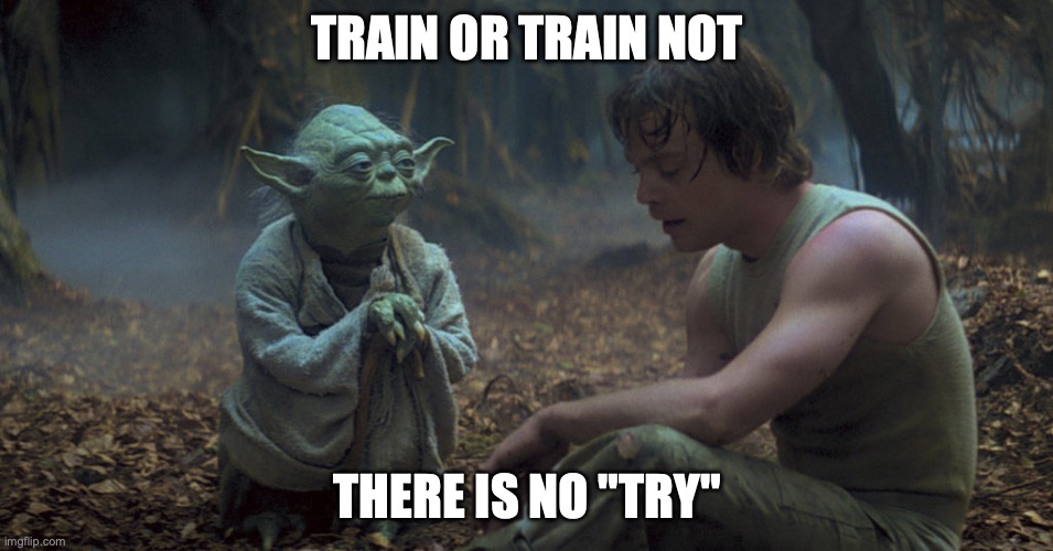 Yoda training Luke | TRAIN OR TRAIN NOT; THERE IS NO "TRY" | image tagged in yoda training luke | made w/ Imgflip meme maker