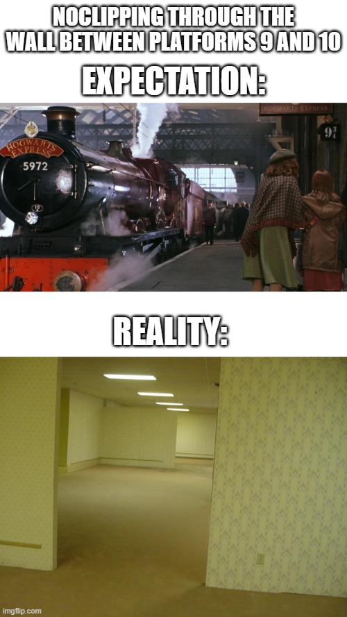 NOCLIPPING THROUGH THE WALL BETWEEN PLATFORMS 9 AND 10; EXPECTATION:; REALITY: | image tagged in the backrooms,platform 9 3/4 | made w/ Imgflip meme maker