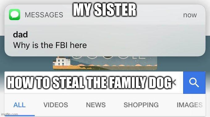why is the FBI here? | MY SISTER; HOW TO STEAL THE FAMILY DOG | image tagged in why is the fbi here | made w/ Imgflip meme maker