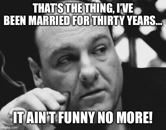 Tony Soprano Admin Gangster | THAT’S THE THING, I’VE BEEN MARRIED FOR THIRTY YEARS… IT AIN’T FUNNY NO MORE! | image tagged in tony soprano admin gangster | made w/ Imgflip meme maker