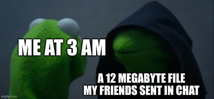 I didn't click on it, for good reason. | ME AT 3 AM; A 12 MEGABYTE FILE MY FRIENDS SENT IN CHAT | image tagged in memes,evil kermit | made w/ Imgflip meme maker
