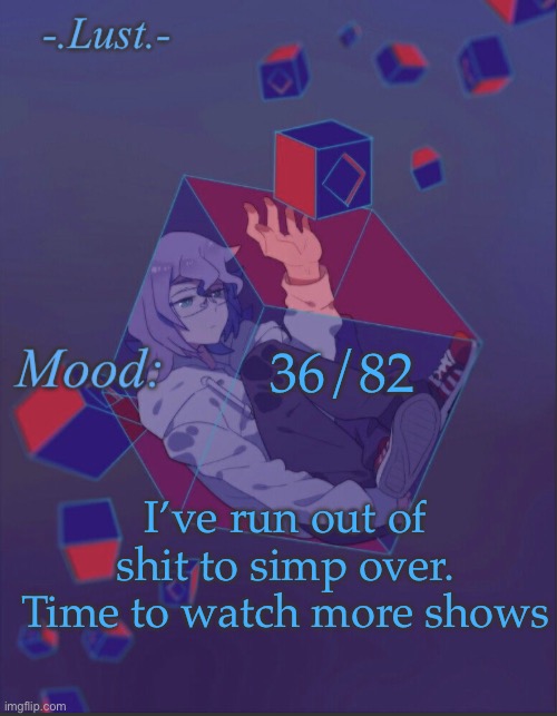 Preparing for simp summer | 36/82; I’ve run out of shit to simp over. Time to watch more shows | image tagged in lust s croix temp | made w/ Imgflip meme maker