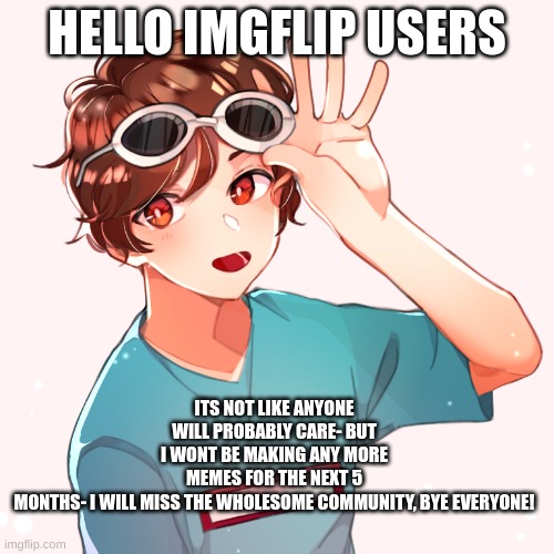 Goodbye- I guess | HELLO IMGFLIP USERS; ITS NOT LIKE ANYONE WILL PROBABLY CARE- BUT I WONT BE MAKING ANY MORE MEMES FOR THE NEXT 5 MONTHS- I WILL MISS THE WHOLESOME COMMUNITY, BYE EVERYONE! | made w/ Imgflip meme maker