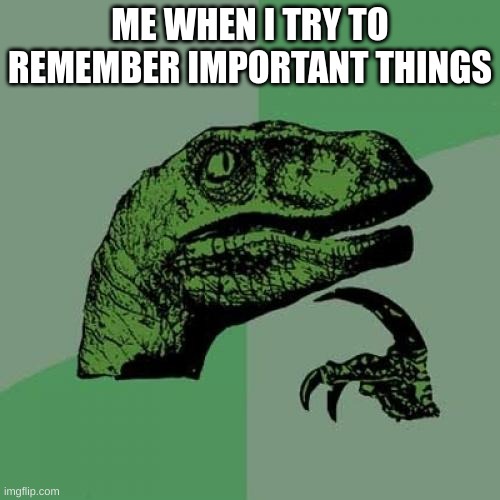 Philosoraptor | ME WHEN I TRY TO REMEMBER IMPORTANT THINGS | image tagged in memes,philosoraptor | made w/ Imgflip meme maker