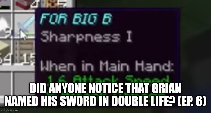 Am I the only one? | DID ANYONE NOTICE THAT GRIAN NAMED HIS SWORD IN DOUBLE LIFE? (EP. 6) | image tagged in hermitcraft,life series | made w/ Imgflip meme maker