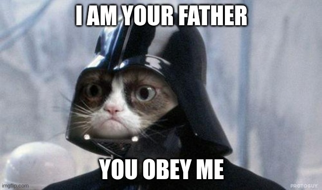 Grumpy Cat Star Wars Meme | I AM YOUR FATHER; YOU OBEY ME | image tagged in memes,grumpy cat star wars,grumpy cat | made w/ Imgflip meme maker