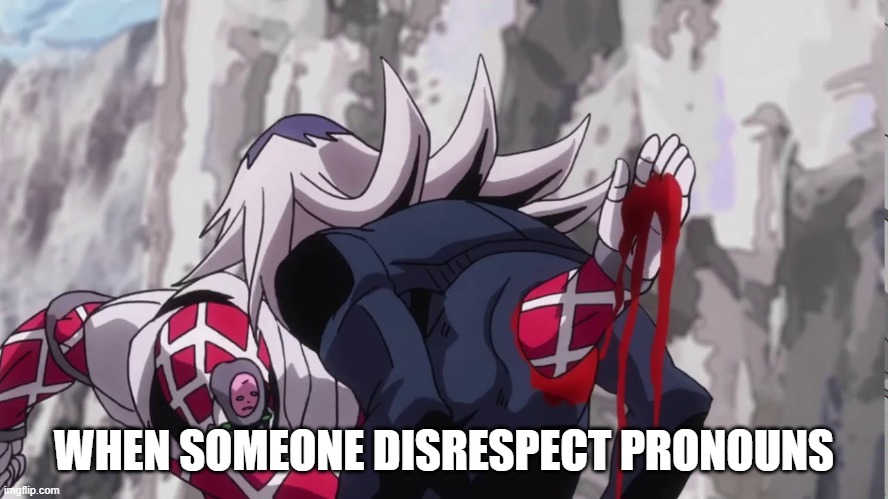Diavolo killing Abacchio | WHEN SOMEONE DISRESPECT PRONOUNS | image tagged in diavolo killing abacchio | made w/ Imgflip meme maker