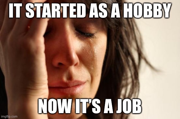 First World Problems | IT STARTED AS A HOBBY; NOW IT’S A JOB | image tagged in memes,first world problems | made w/ Imgflip meme maker