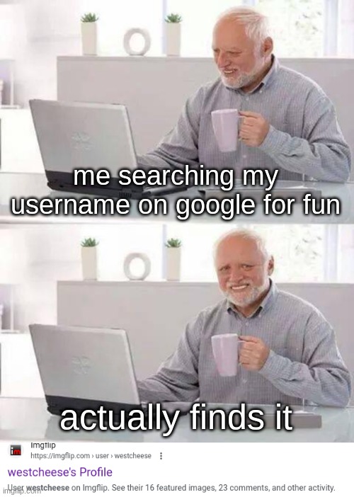 this may be small to you, but it isn't to me :) | me searching my username on google for fun; actually finds it | image tagged in memes,hide the pain harold | made w/ Imgflip meme maker