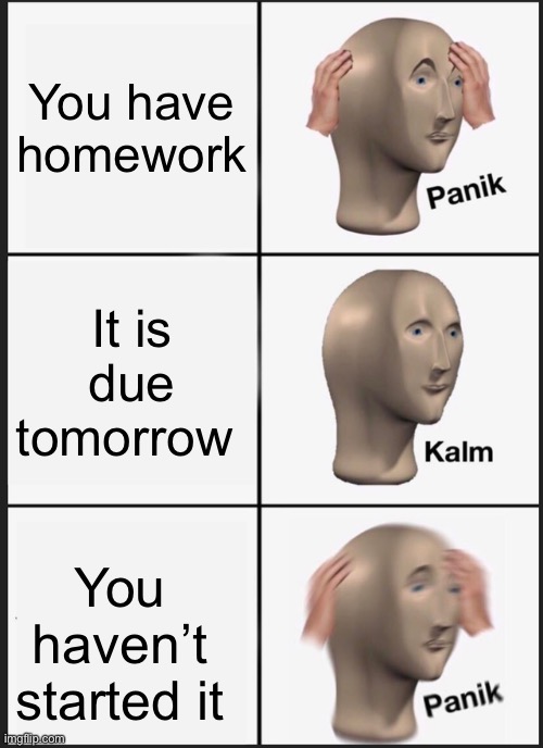 When you have homework | You have homework; It is due tomorrow; You haven’t started it | image tagged in memes,panik kalm panik | made w/ Imgflip meme maker