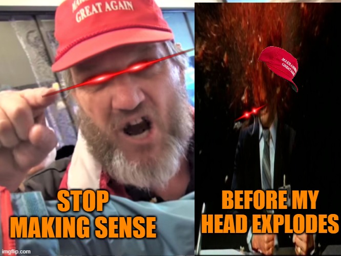 Angry Trump Supporter | STOP MAKING SENSE BEFORE MY HEAD EXPLODES | image tagged in angry trump supporter | made w/ Imgflip meme maker