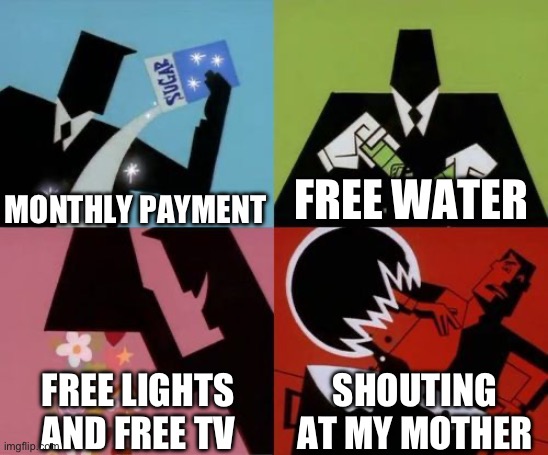 Monthly payment memes | MONTHLY PAYMENT; FREE WATER; FREE LIGHTS AND FREE TV; SHOUTING AT MY MOTHER | image tagged in powerpuff girls creation | made w/ Imgflip meme maker