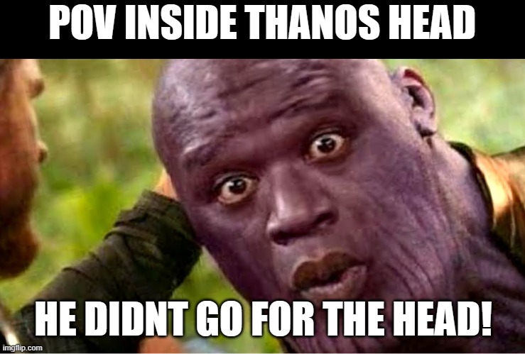 POV INSIDE THANOS HEAD; HE DIDNT GO FOR THE HEAD! | image tagged in thanos,shocked face | made w/ Imgflip meme maker
