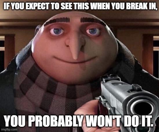 Gru Gun | IF YOU EXPECT TO SEE THIS WHEN YOU BREAK IN, YOU PROBABLY WON'T DO IT. | image tagged in gru gun | made w/ Imgflip meme maker