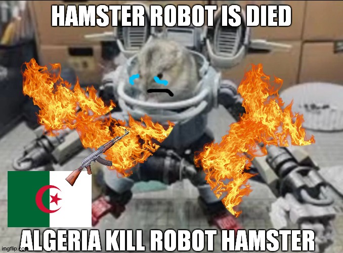 algeria kill robot hamster     (hamster robot vis died) | HAMSTER ROBOT IS DIED; ALGERIA KILL ROBOT HAMSTER | image tagged in khamster | made w/ Imgflip meme maker