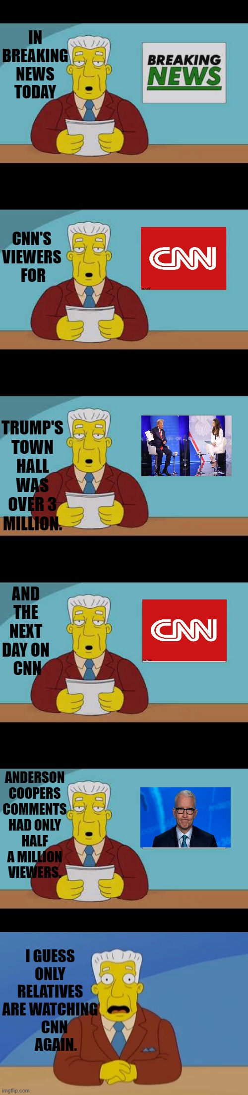 Breaking News! | IN BREAKING NEWS TODAY; CNN'S VIEWERS  FOR; TRUMP'S TOWN HALL WAS OVER 3 MILLION. AND THE NEXT DAY ON  CNN; ANDERSON COOPERS COMMENTS HAD ONLY HALF A MILLION VIEWERS. I GUESS ONLY RELATIVES ARE WATCHING    CNN     AGAIN. | image tagged in memes,politics,cnn,donald trump,vs,anderson cooper | made w/ Imgflip meme maker
