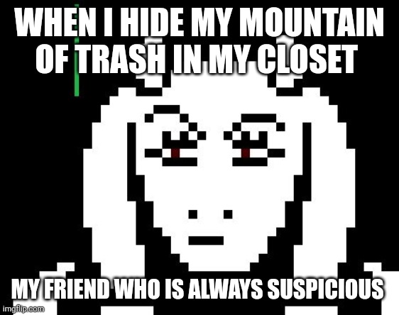 Just throw trash away | WHEN I HIDE MY MOUNTAIN OF TRASH IN MY CLOSET; MY FRIEND WHO IS ALWAYS SUSPICIOUS | image tagged in undertale - toriel | made w/ Imgflip meme maker